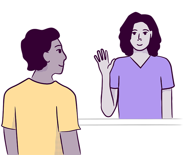 illustration of someone behind a desk waving at another person